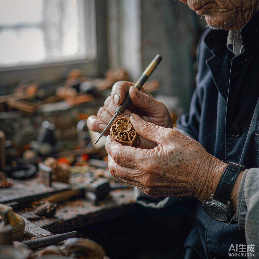 An artisan carving a walnut pit by hand